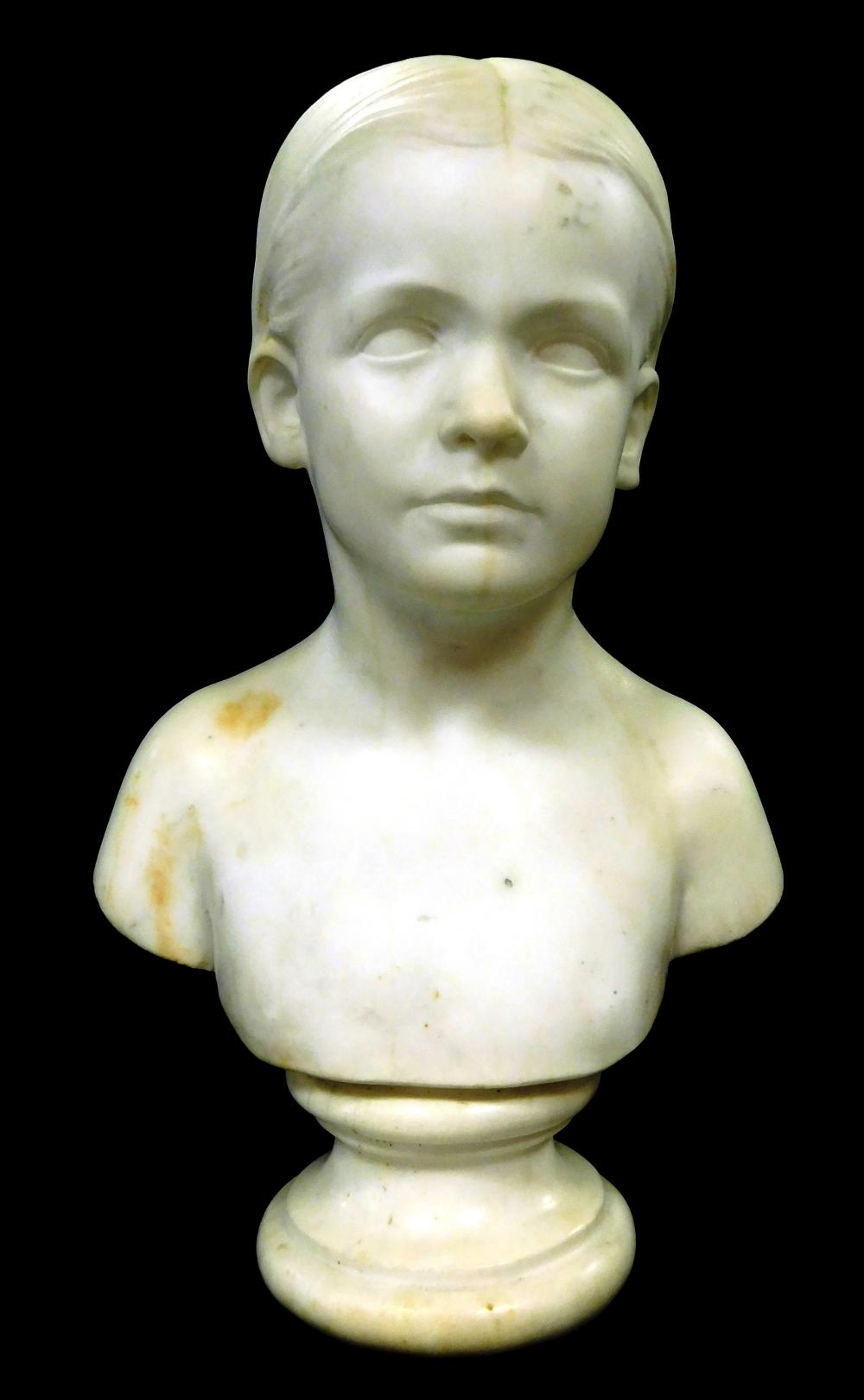 Appraisal: Carved white marble bust of young boy unsigned raised on