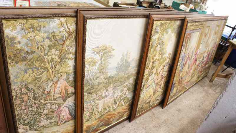 Appraisal: A set of large Belgium framed Tapestries with various lady