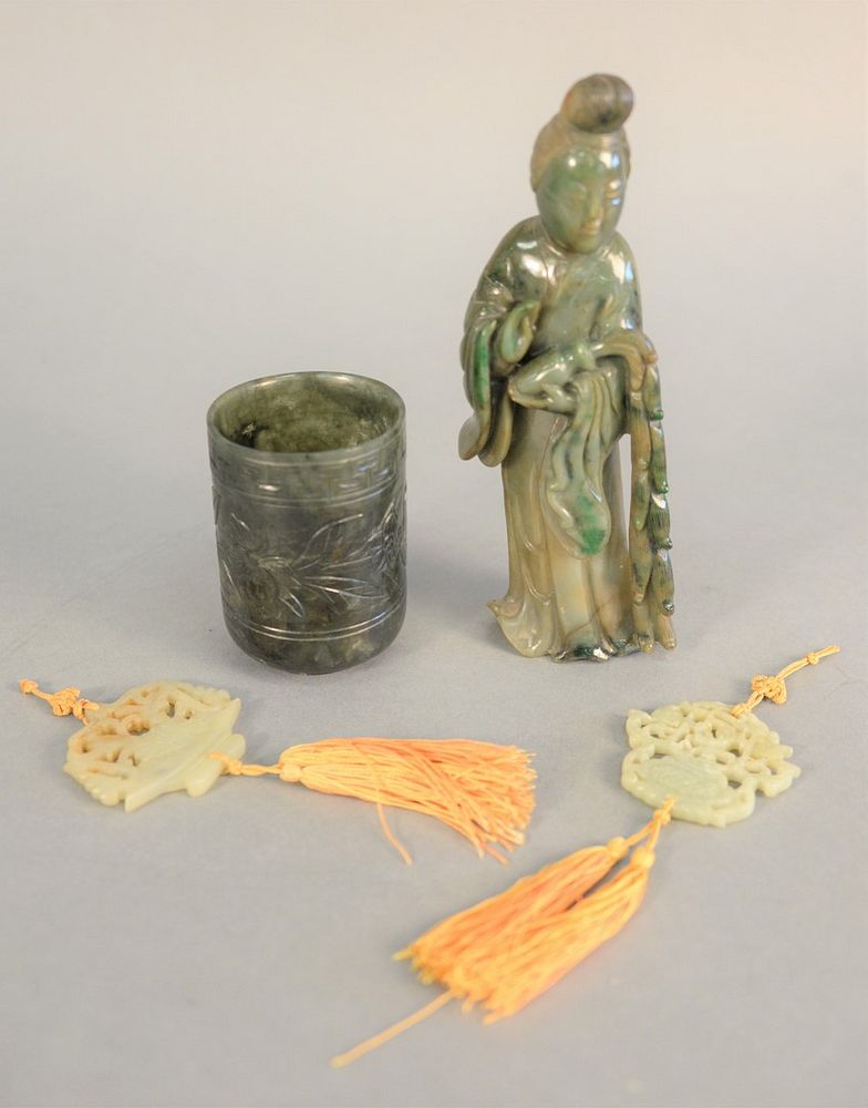 Appraisal: Four jade and jadeite pieces to include Guanyin figure carved