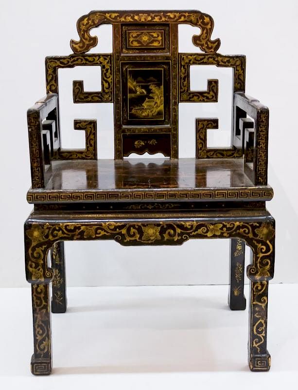 Appraisal: Chinese Black Lacquer Arm Chair Antique Chinese chair in black