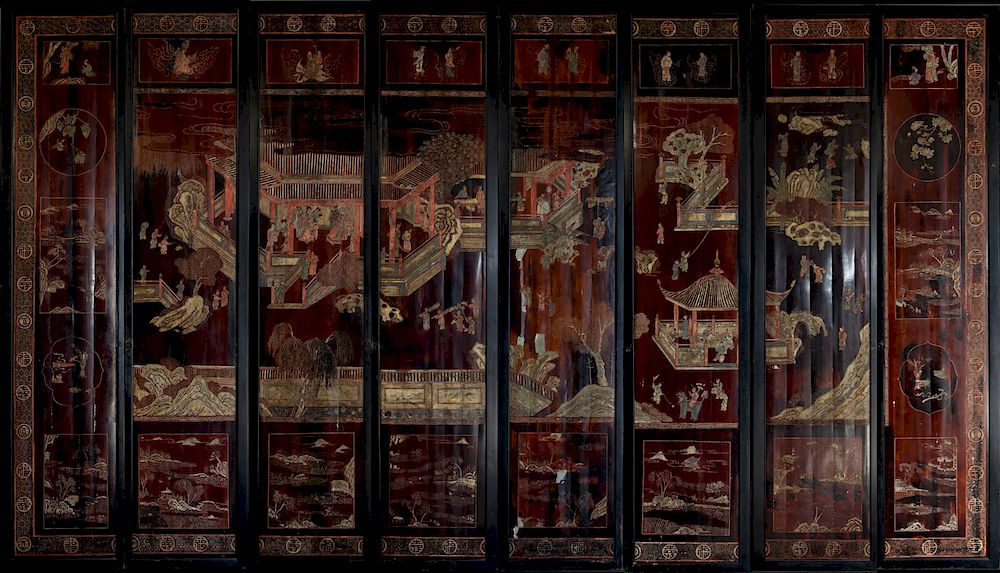 Appraisal: Panel Chinese Screen Mounted As Doors Central image depicting figures