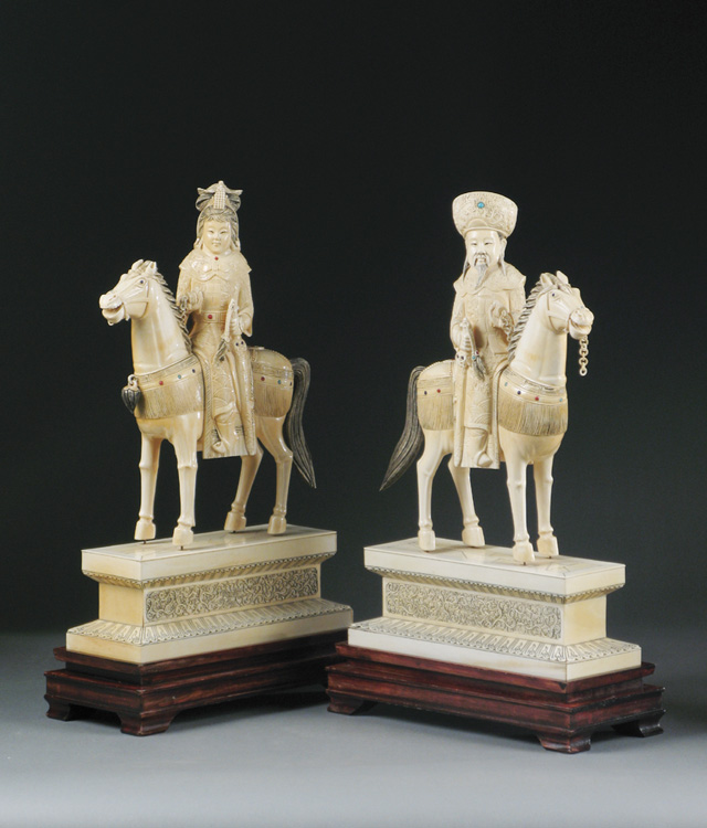 Appraisal: PAIR CHINESE IVORY EMPEROR EMPRESS ON HORSES Republic Period after