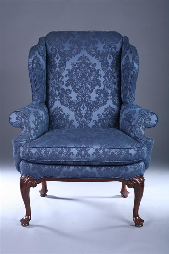 Appraisal: QUEEN ANNE STYLE MAHOGANY EASY CHAIR th century with blue