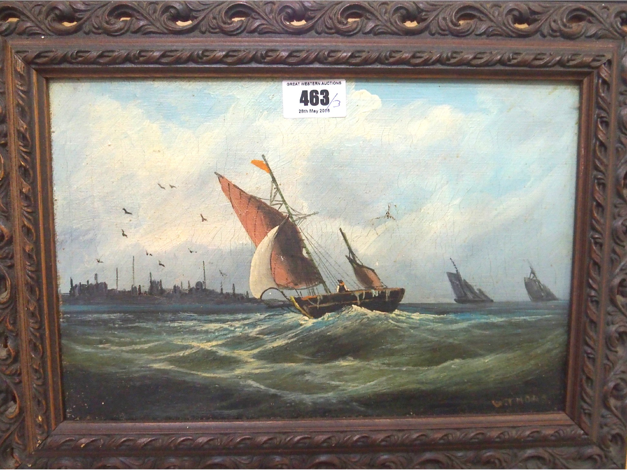 Appraisal: G THORS Fishing boats approaching signed oil on canvas after