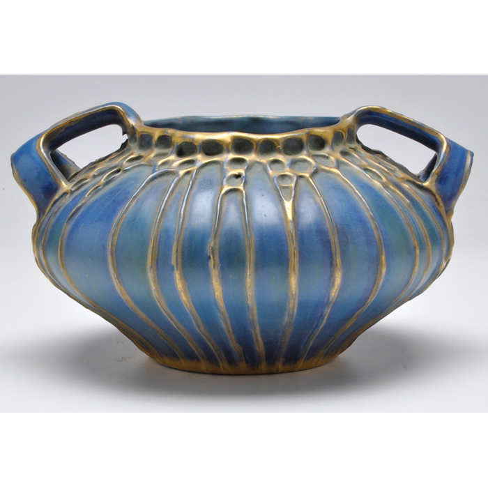 Appraisal: Amphora vase c low double handled shape in blue with