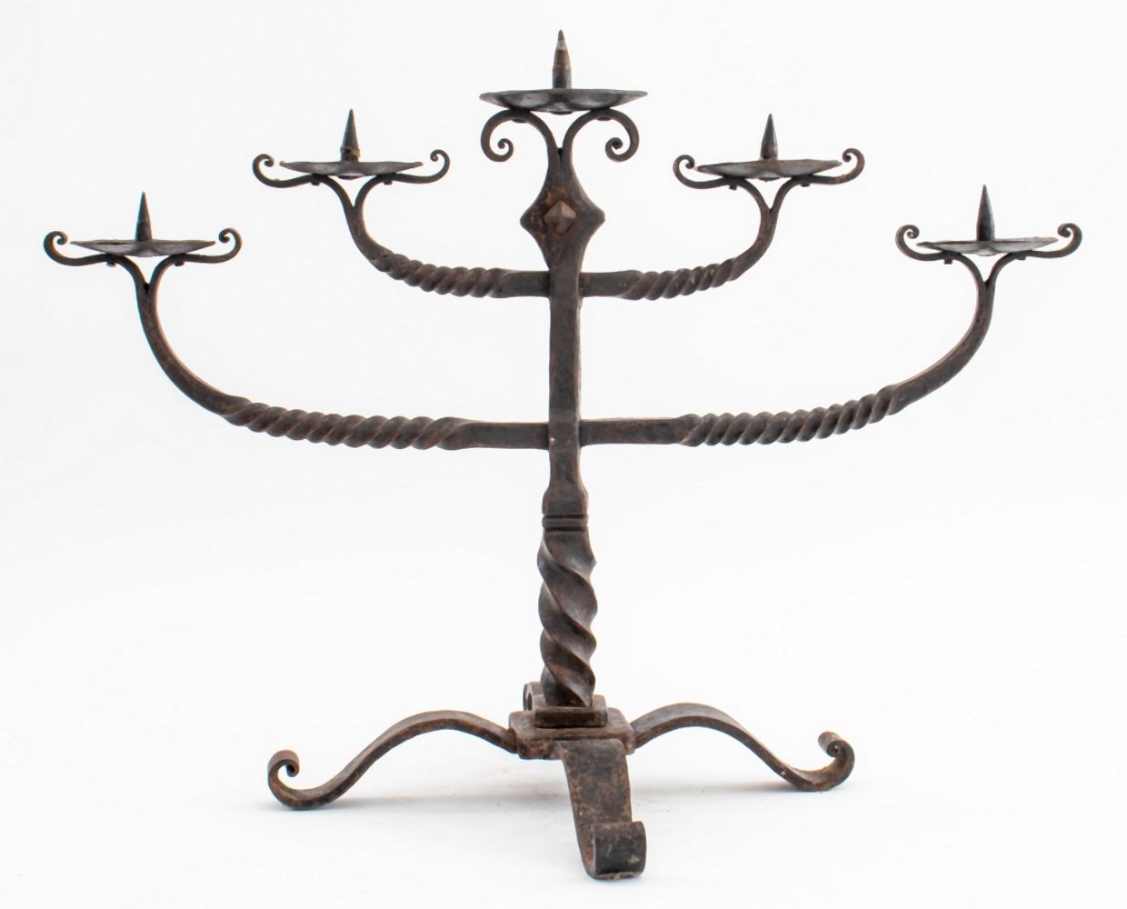 Appraisal: SPANISH WROUGHT IRON FIVE LIGHT PRICKET STICK Spanish wrought iron