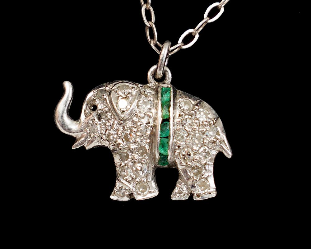 Appraisal: Platinum Diamond Emerald Elephant Charm Art Deco diamond emerald platinum