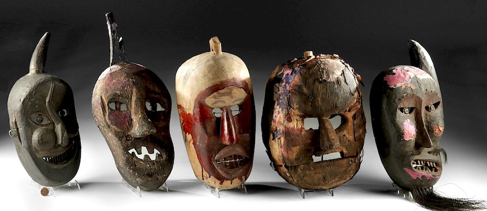 Appraisal: Five th C Chinese Wood Yao Priest Shaman Masks East