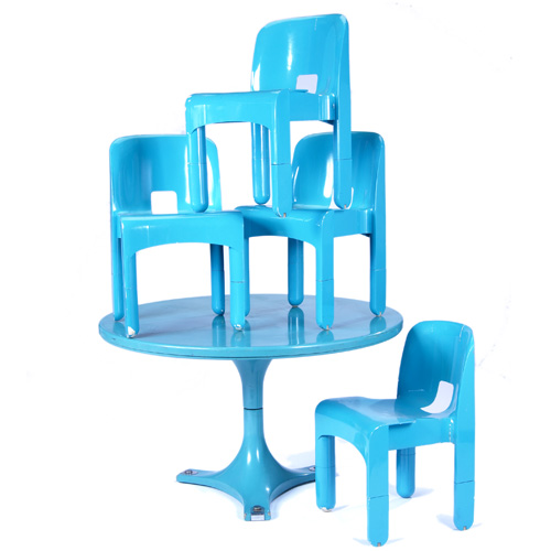 Appraisal: JOE COLOMBO KARTELL Teal polymer pedestal dining table and four