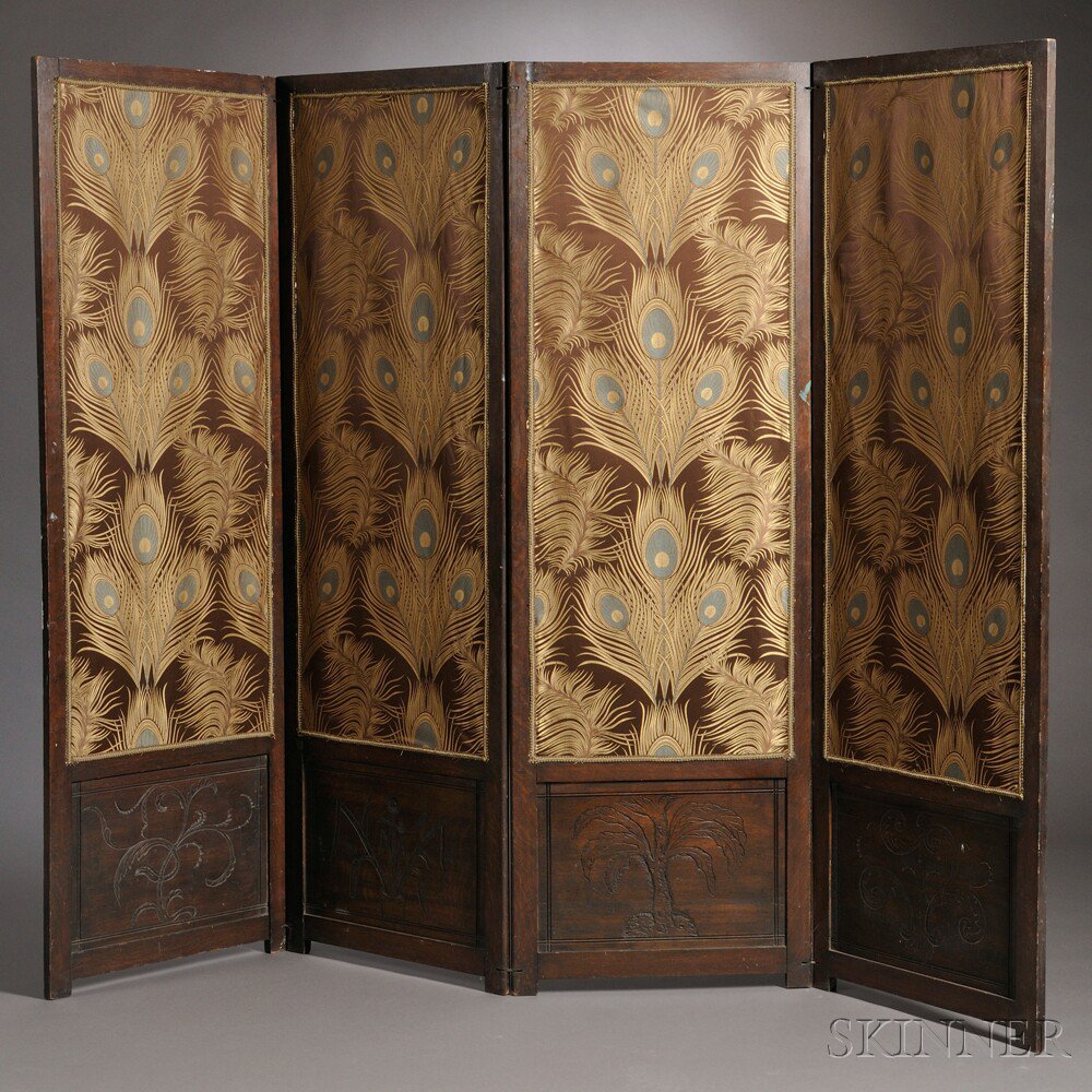 Appraisal: Arts Crafts Screen Oak textiles th century Composed of four