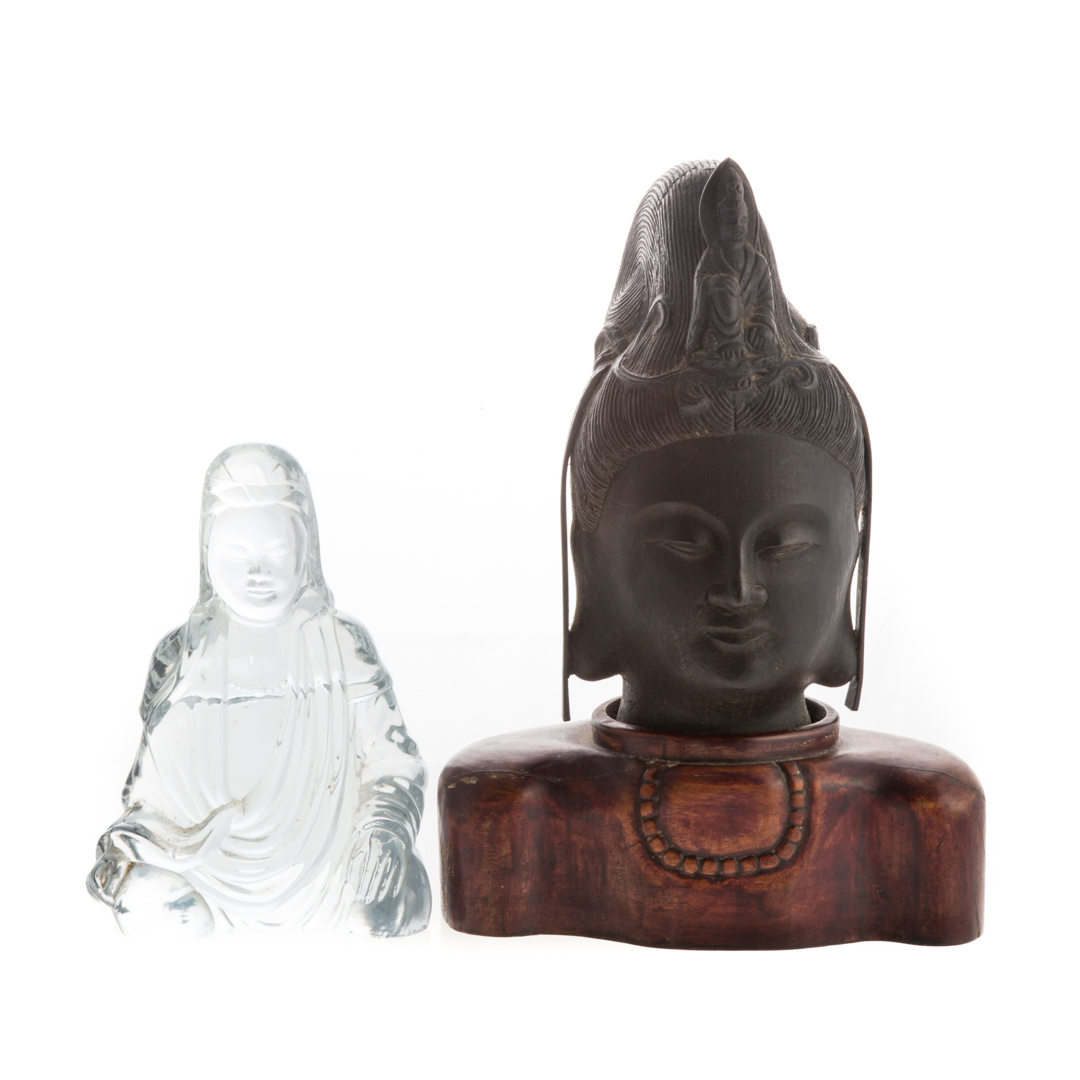 Appraisal: Bronze Bodhisattva and glass Bodhisattva Chinese bronze Bodhisattva head resting