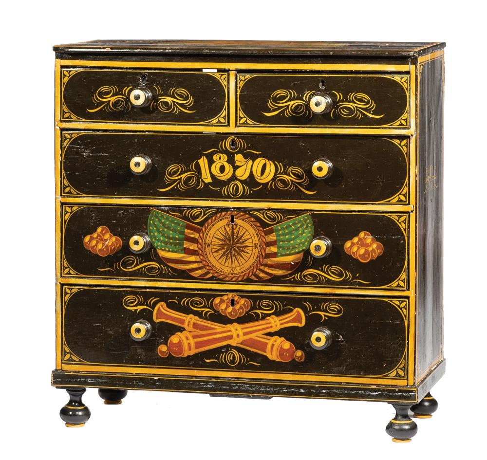 Appraisal: Paint-Decorated Ship Captain's Chest of Drawers th c Captain E