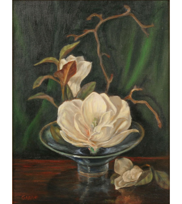 Appraisal: Jean Garro American b Ikebana magnolia floral still life oil