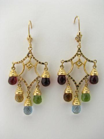 Appraisal: K yellow gold dangle earrings with multi precious stones briolette