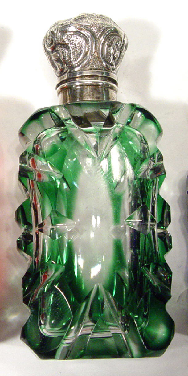 Appraisal: Clear and green flashed cut glass scent bottle with floral