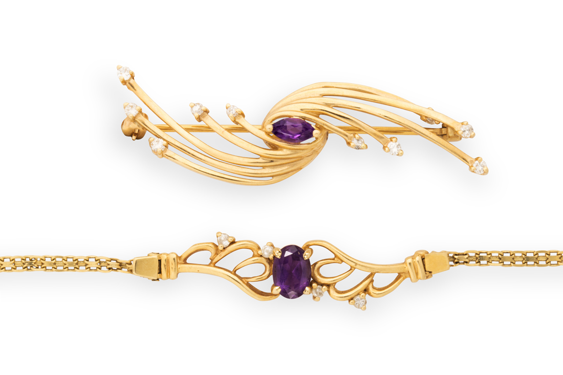 Appraisal: A GROUP OF AMETHYST DIAMOND AND FOURTEEN KARAT GOLD JEWELRY