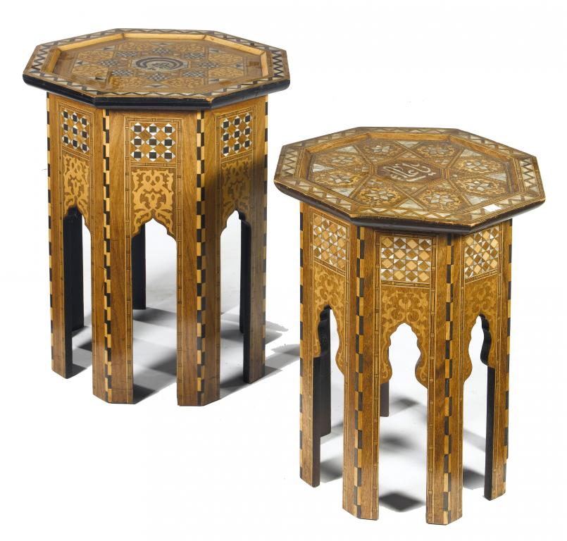 Appraisal: TWO EGYPTIAN PARQUETRY OCTAGONAL TABLES inlaid in mother of pearl