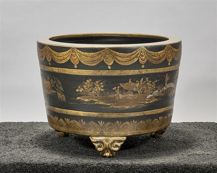 Appraisal: Chinese painted porcelain tripod jardiniere ink color and gilt landscapes