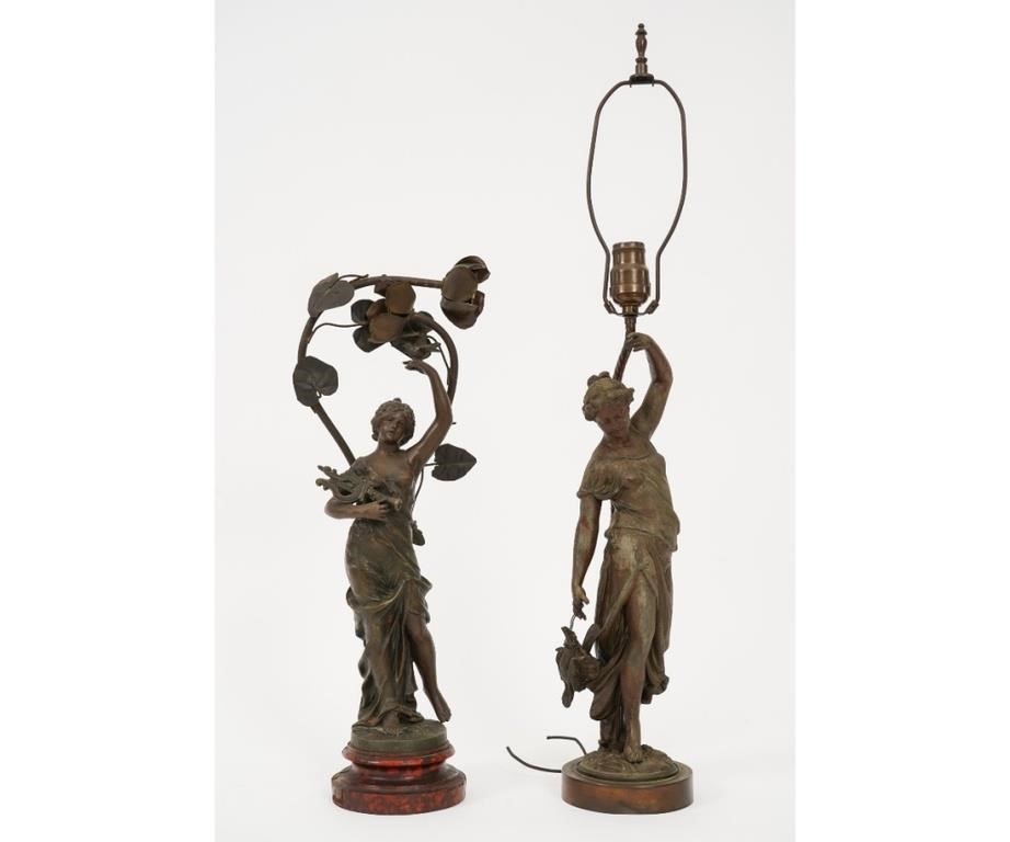 Appraisal: Art Nouveau faux bronxe lamp sculpture of a maiden by