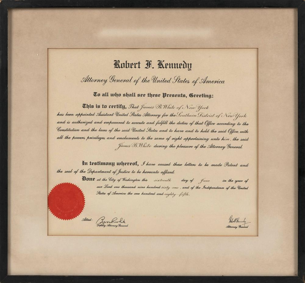 Appraisal: DOCUMENT PERTAINING TO ROBERT F KENNEDY DATED JUNE FRAMED X