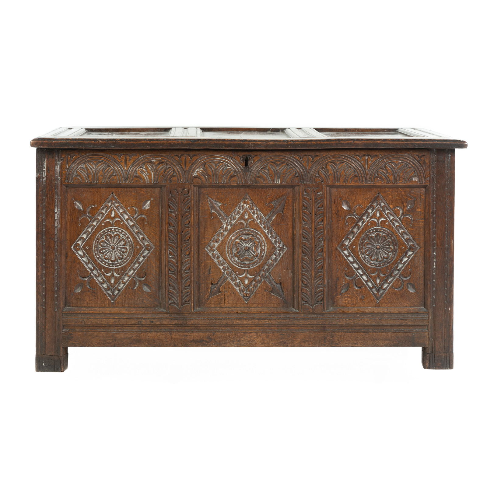 Appraisal: CONTINENTAL CARVED OAK TRUNK Having paneled lid and sides front