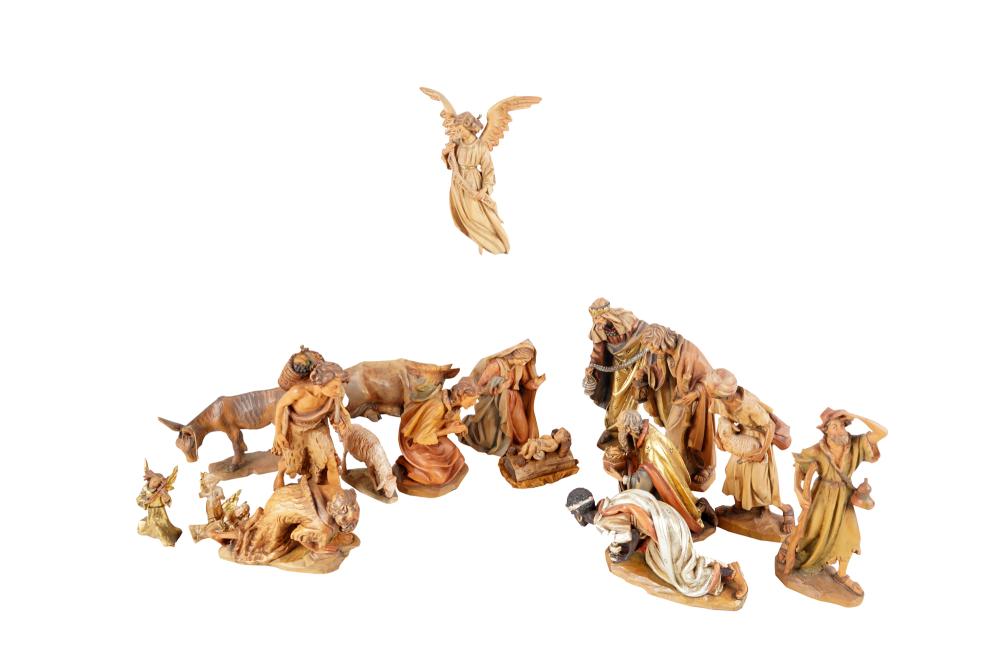 Appraisal: ANRI ITALIAN CARVED PAINTED WOOD NATIVITY SETcomprising pieces the tallest