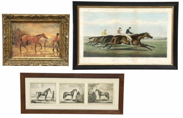 Appraisal: lot of Framed equestrian prints including embellished print on canvas