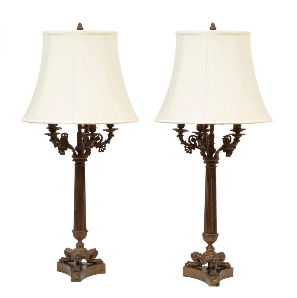 Appraisal: Pair of Charles X-Style Bronze Five-Light Candelabra mounted as lamps