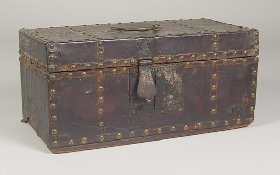 Appraisal: Leather-Covered Doll's Trunk Circa 's Black leather-covered trunk with brass