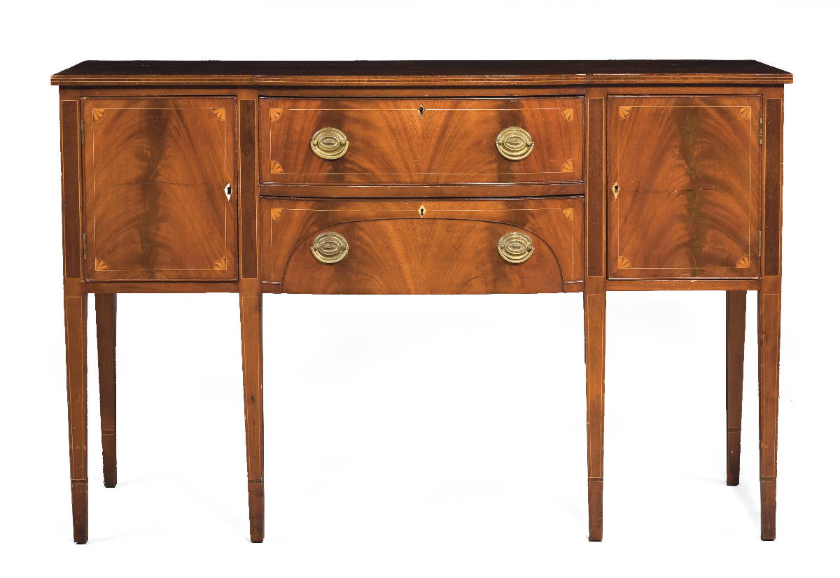 Appraisal: AMERICAN HEPPLEWHITE INLAID MAHOGANY SIDEBOARD The central long drawer with