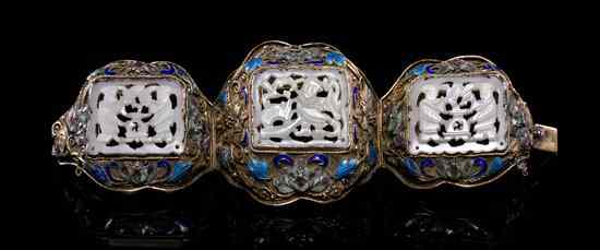 Appraisal: A Chinese Enameled Silver and Jade Bracelet in three sections