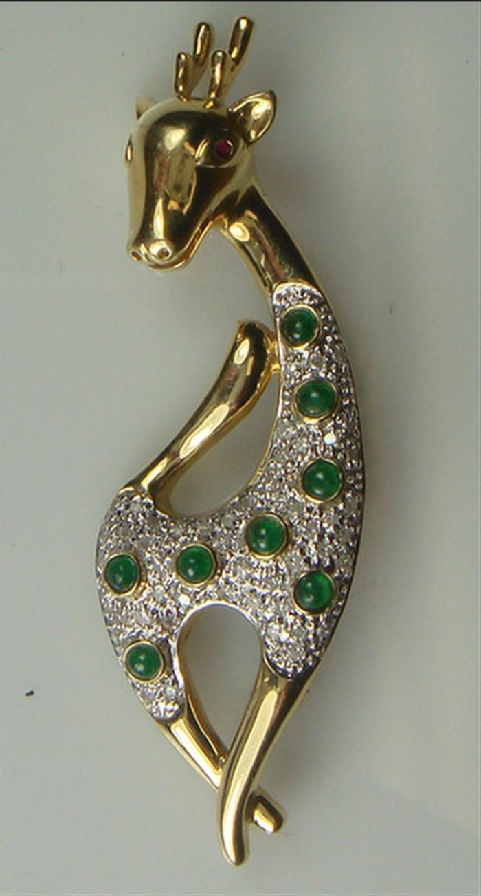 Appraisal: K W YG pave diamond giraffe pin with cabachon emeralds