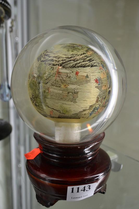 Appraisal: CRYSTAL GLOBE ON STAND WITH INTERNAL CHINESE SCENE