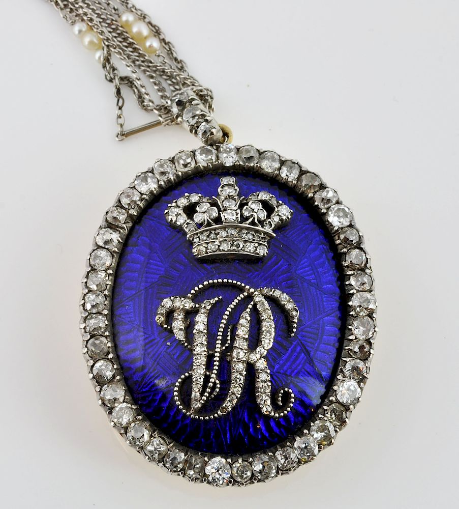 Appraisal: Antique Diamond Blue Enamel Pendant Chain Blue enamel kt gold