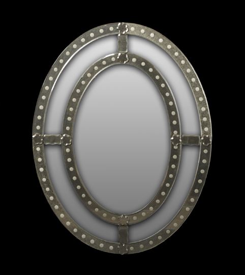 Appraisal: Irish Georgian-Style Oval Looking Glass composed of pieced and reverse-etched