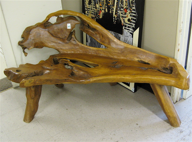 Appraisal: BURL TEAK ROOT BENCH hand crafted with one-piece back and