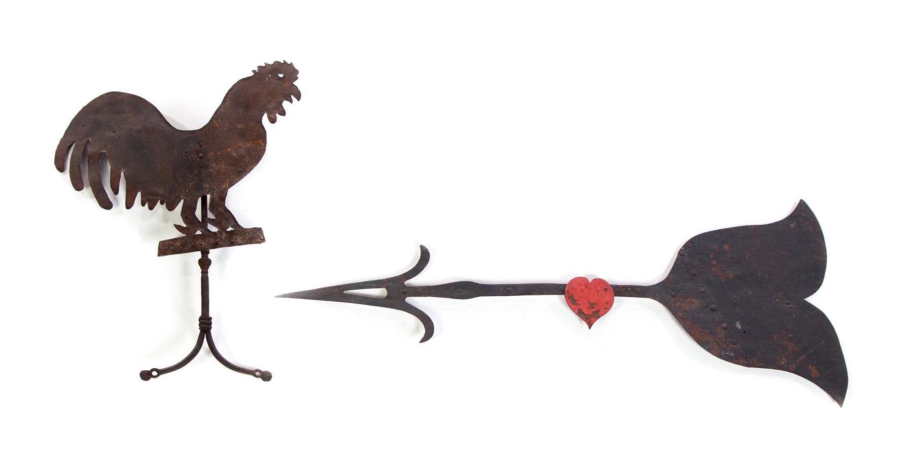 Appraisal: TWO AMERICAN WEATHERVANES Twentieth century Sheet metal cutouts Rooster h