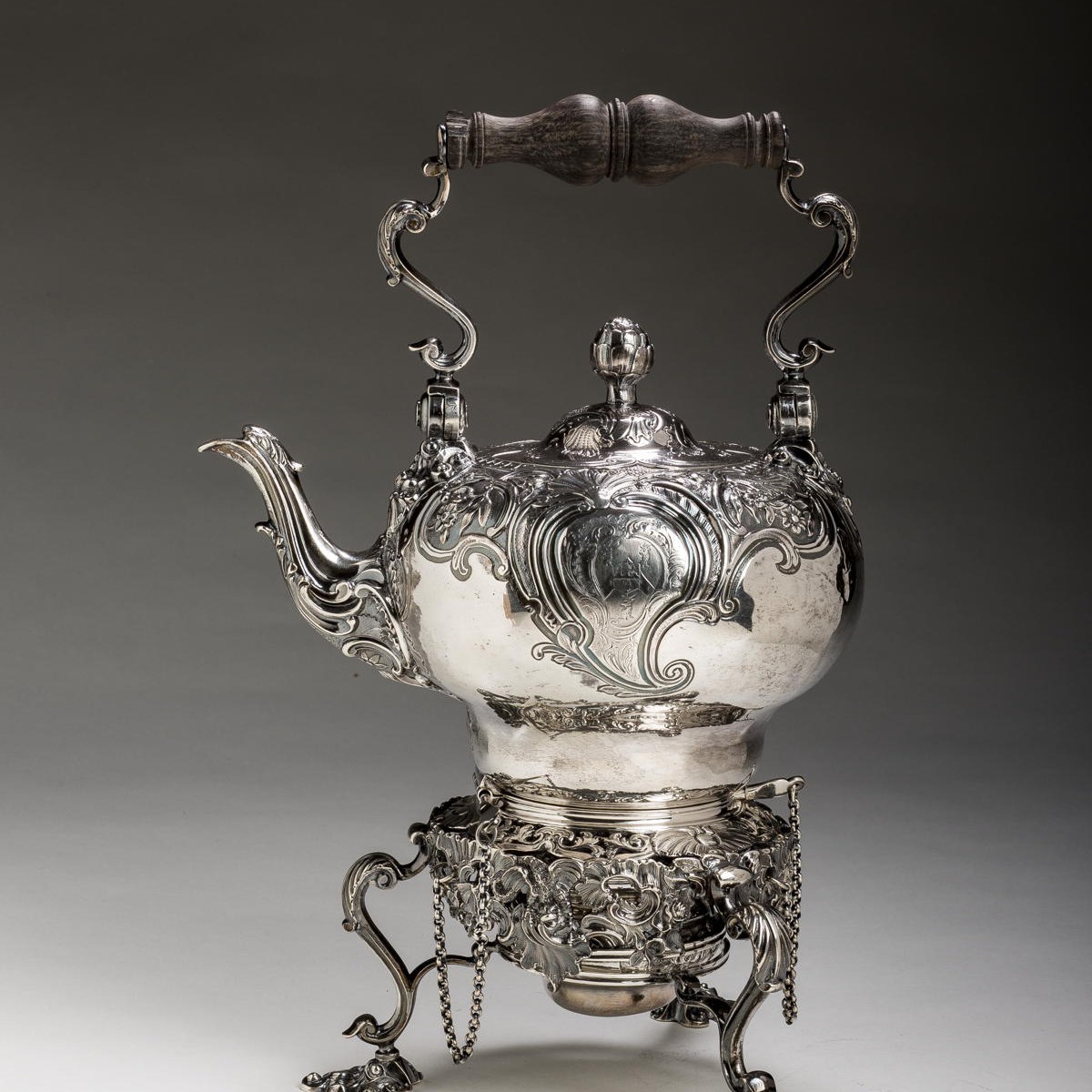 Appraisal: GEORGE II SILVER ARMORIAL TEA KETTLE ON LAMPSTAND WILLIAM GRUNDY