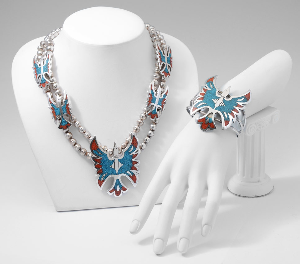 Appraisal: PIECE ZUNI SILVER NECKLACE CUFF Each with turqouise and coral