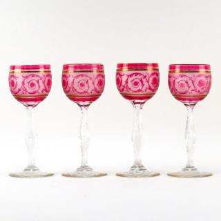 Appraisal: Set of Four Baccarat Etched Ruby to Clear Glass Wine