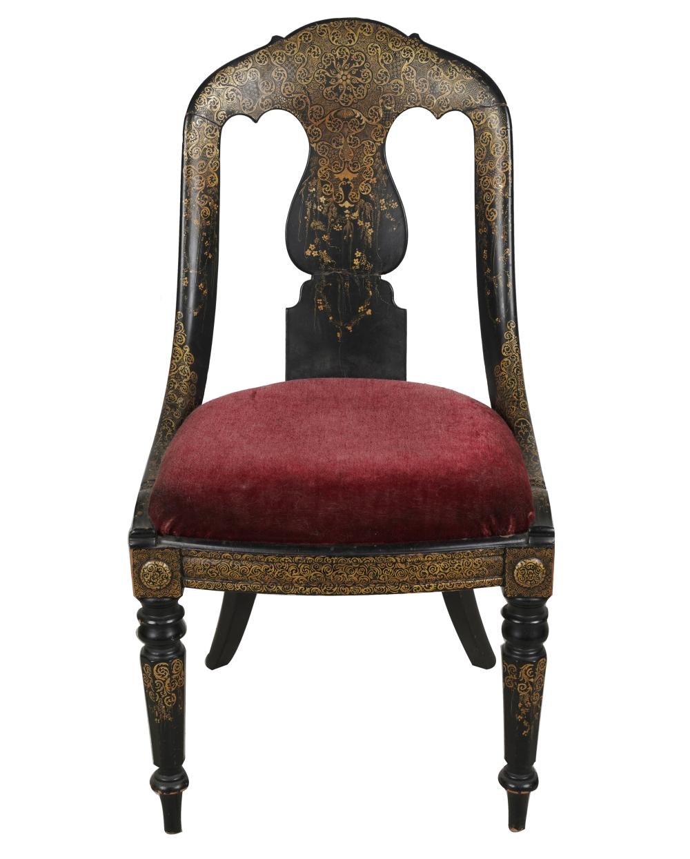 Appraisal: ENGLISH EBONIZED JAPANNED SIDE CHAIRcovered with mohair upholstery Condition slight