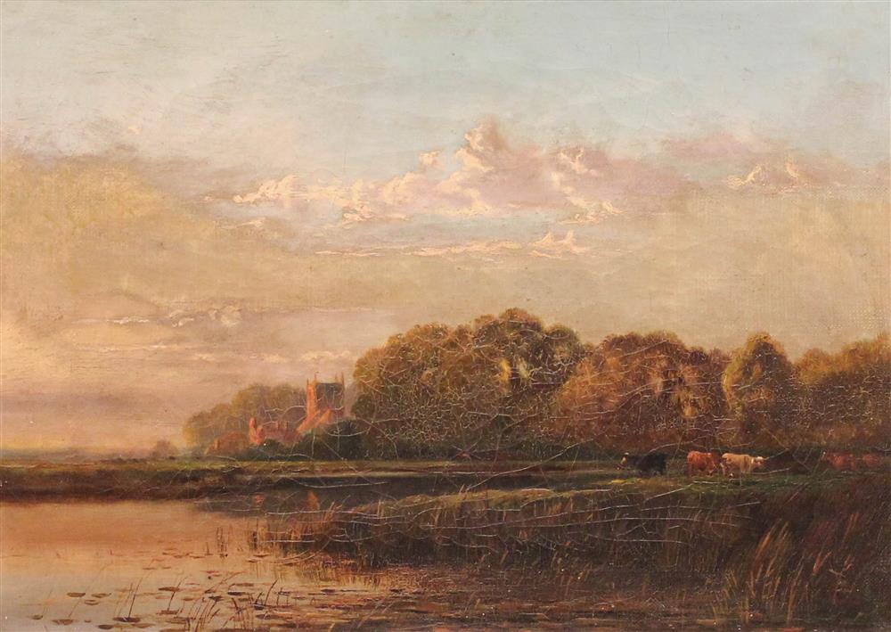 Appraisal: ENGLISH SCHOOL TH CENTURY RIVER SCENE WITH CHURCH Oil on