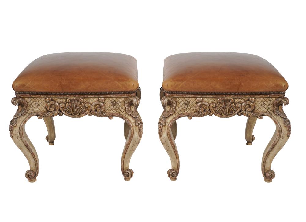 Appraisal: PAIR OF ROCOCO-STYLE STOOLSafter carved painted and giltwood and brown