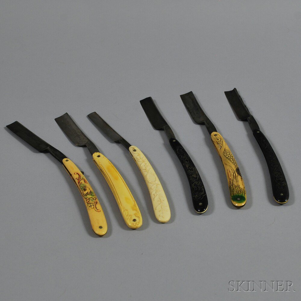 Appraisal: Six Art Nouveau Straight Razors including two polychrome decorated Walds