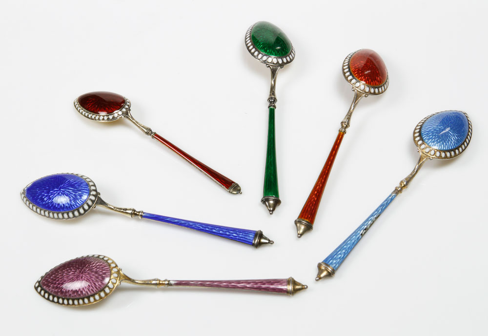 Appraisal: - Continental Enameled Silver Spoons Continental enameled silver spoons marked