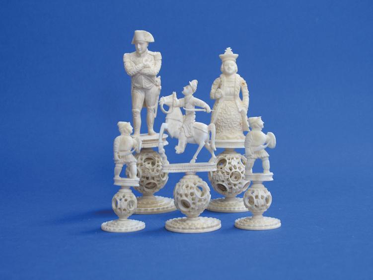 Appraisal: A CHINESE EXPORT IVORY CHESS SET each piece mounted on