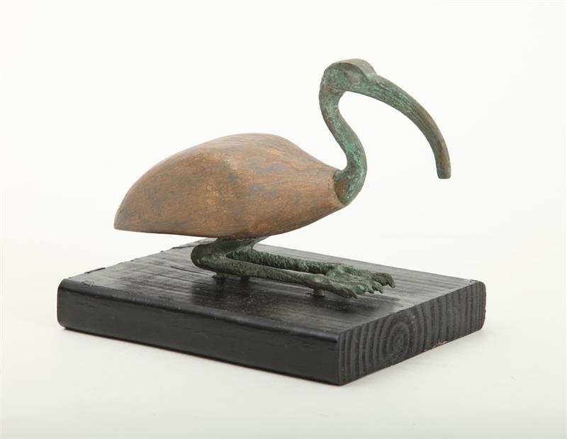 Appraisal: EGYPTIAN STYLE VERDIGRIS BRONZE AND WOOD FIGURE OF AN IBIS