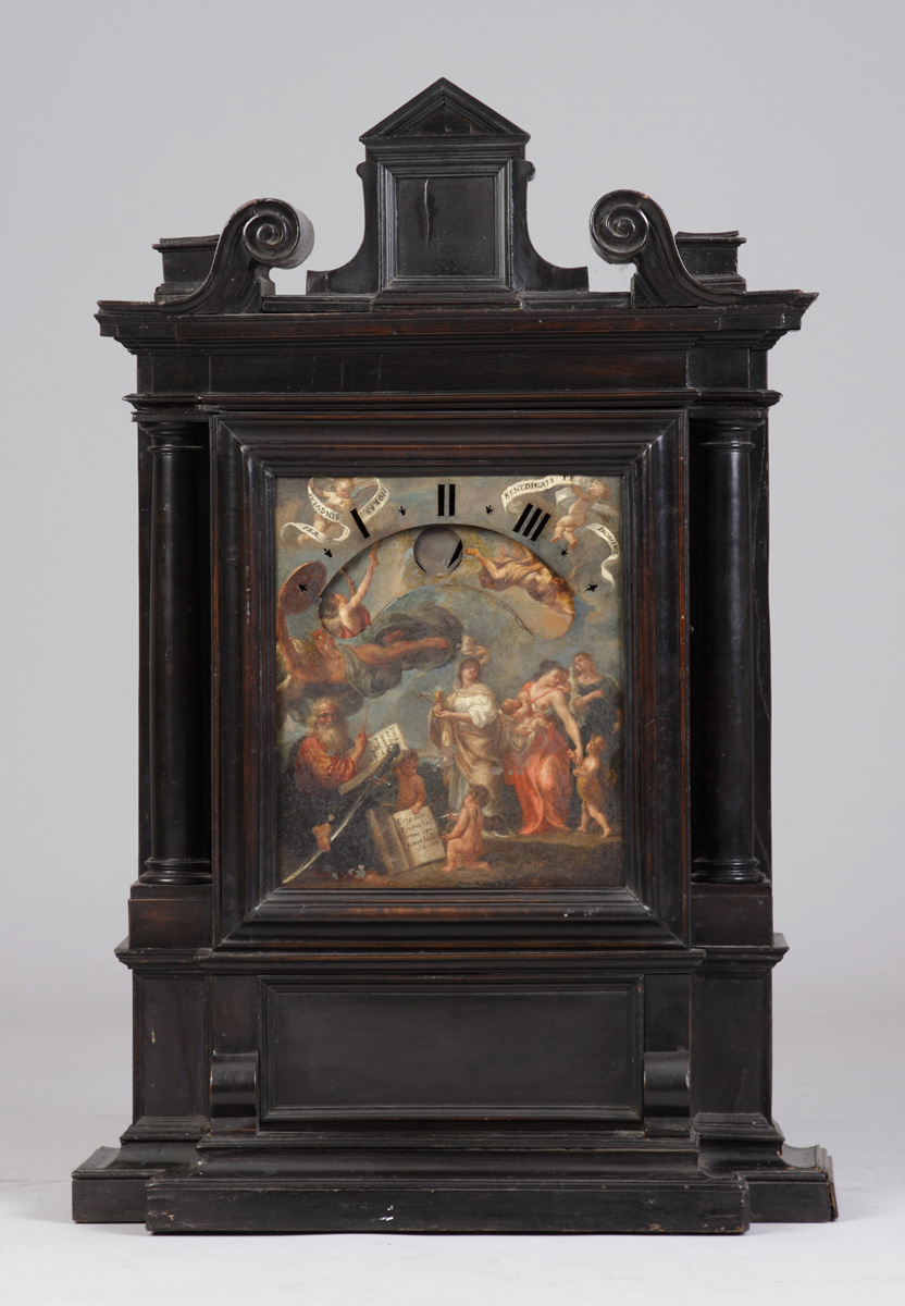 Appraisal: Early Italian Night Clock Architectural fruitwood case ebonized finish Painted