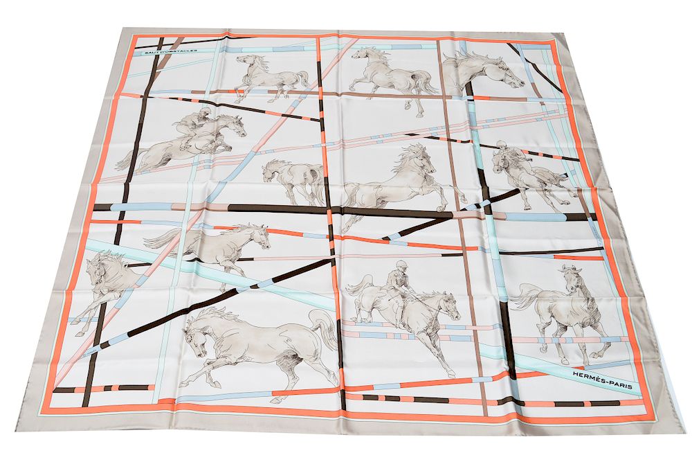 Appraisal: Hermes Saut D'Obstacles Silk Scarf Hermes silk scarf Saut D'Obstacles