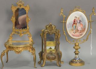 Appraisal: Three piece lot to include a brass enameled vanity mirror